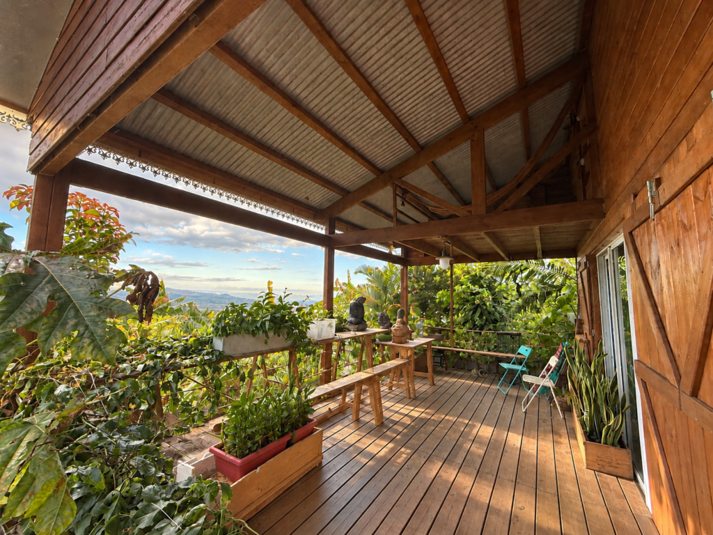 Terrasse couverte en bois ouverte sur la végétation tropicale