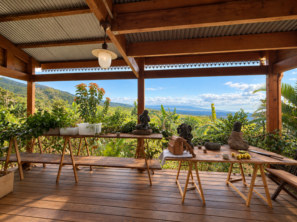 Terrasse couverte avec vue panoramique, maison en bois à Saint-Louis