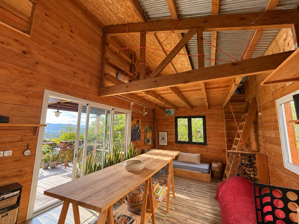 Pièce de vie avec mezzanine et charpente apparente